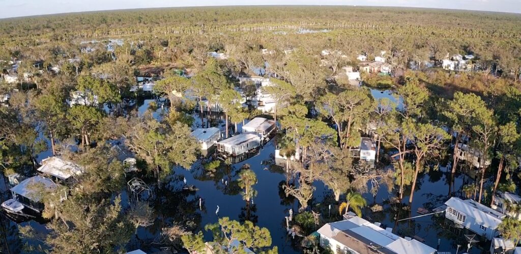 A flooded mobile home park