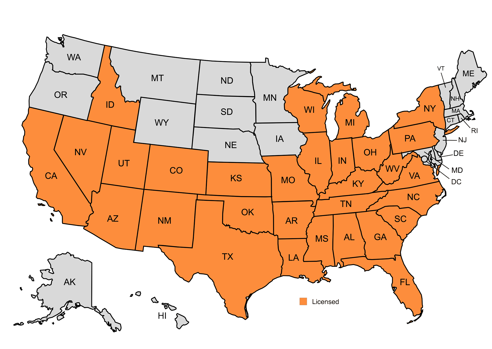 A Map of the US Showing states and where EW is licensed.
